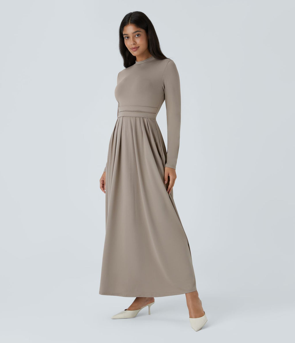 Robe longue décontractée à col montant, manches longues, plissée, avec poches latérales et coupe évasée