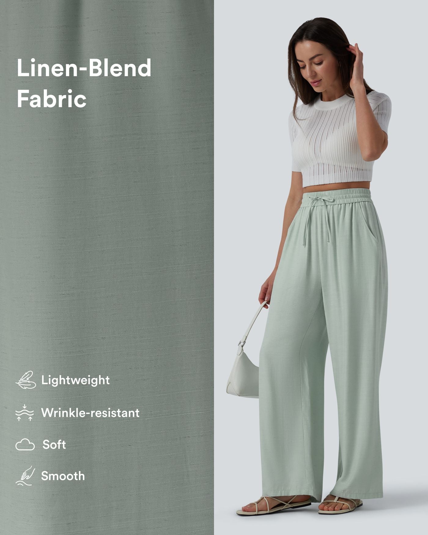 Pantalon casual large fluide mélange lin taille haute avec cordon de serrage et poches