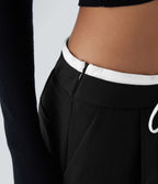Pantalon décontracté jambe large bicolore double épaisseur, taille basse avec poches latérales