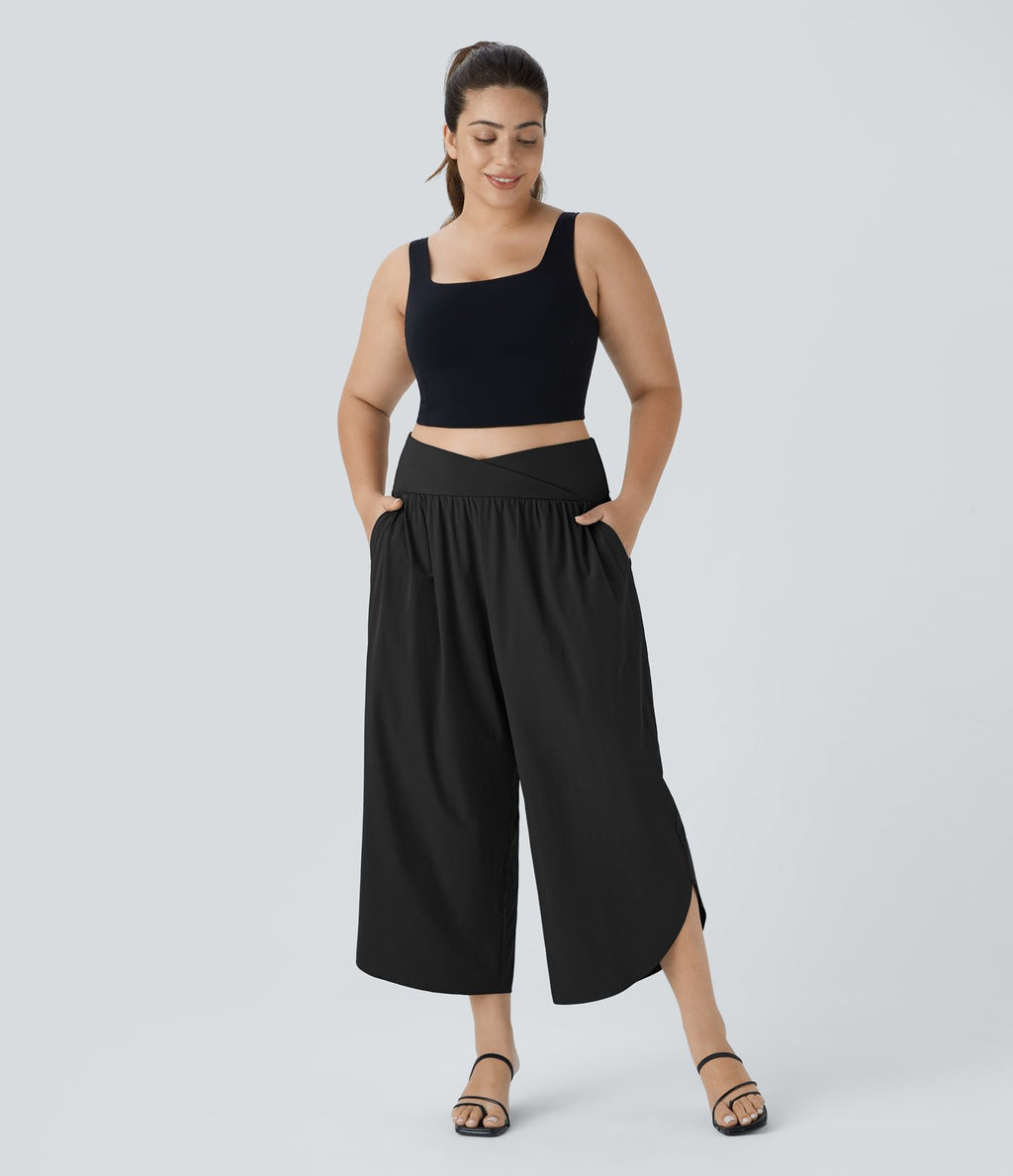 Breezeful™ Pantalon de Vacances Grande Taille Taille Haute avec Découpe Croisée Plissé Poche Latérale Fente et Séchage Rapide