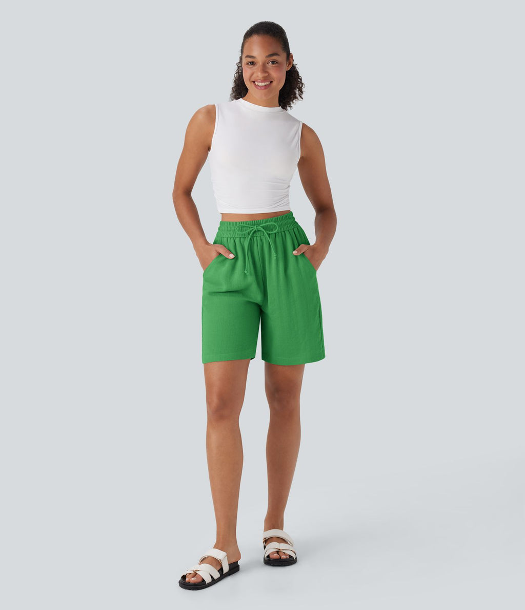 Short décontracté effet lin taille haute avec cordon de serrage et poches latérales