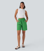 Short décontracté effet lin taille haute avec cordon de serrage et poches latérales