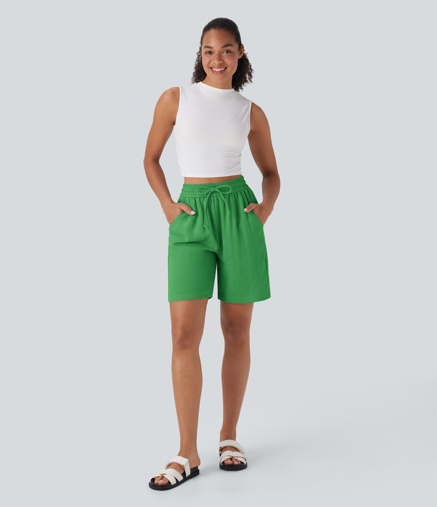 Short décontracté effet lin taille haute avec cordon de serrage et poches latérales