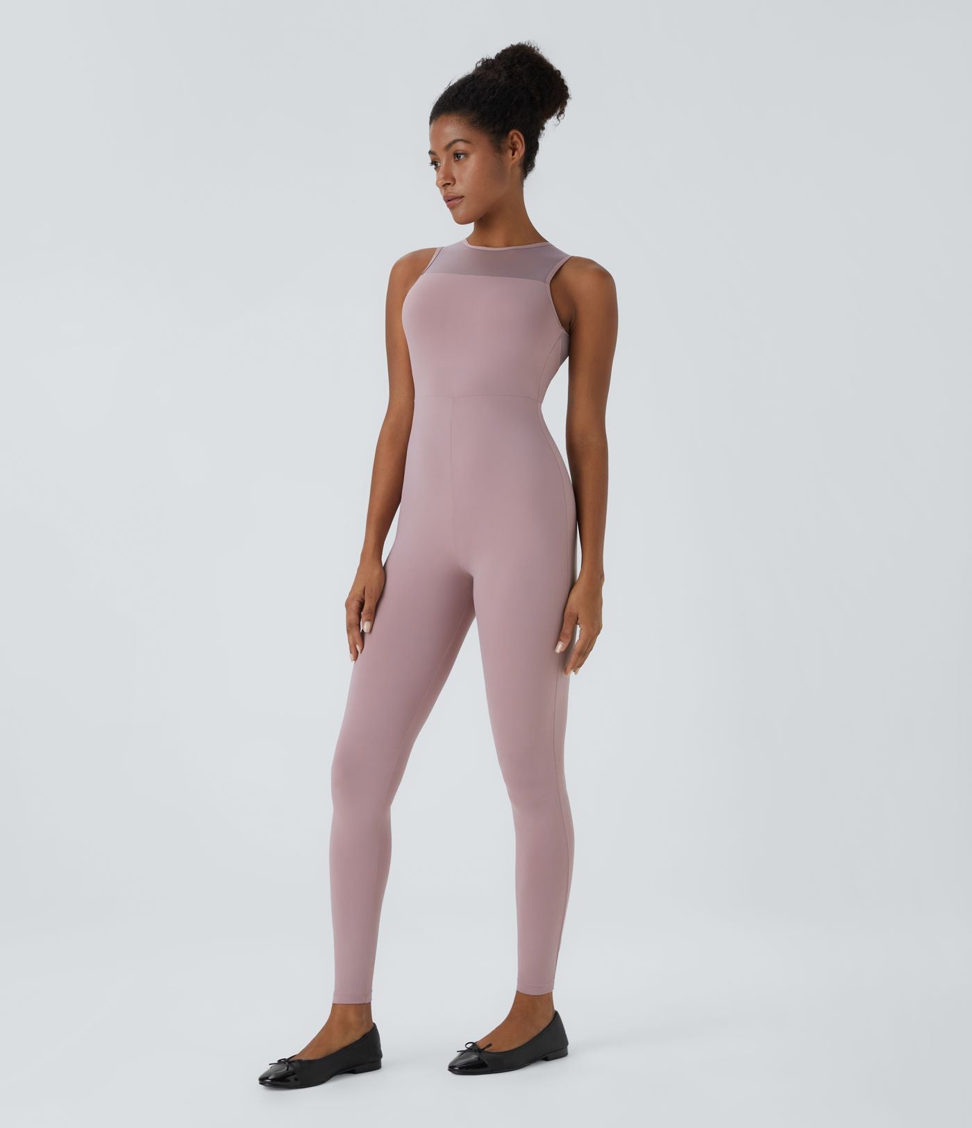 Combinaison de danse sans manches à col rond, dos nu et empiècements en tulle contrastés