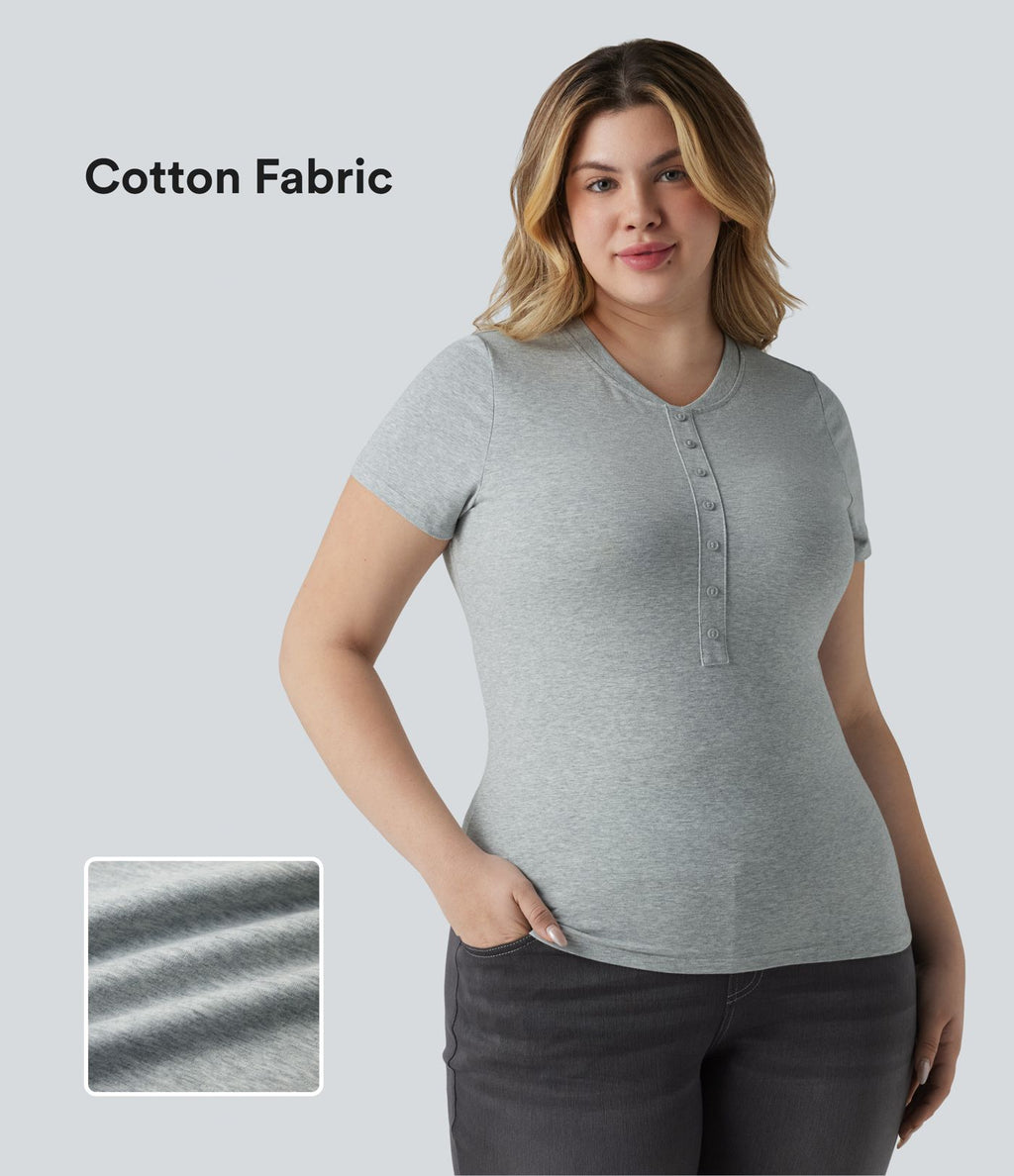 T-shirt Halara grande taille décontracté en jersey de coton, col Henley ultra-ajusté, manches courtes