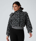 Veste sherpa imprimée léopard capuche amovible avec poches