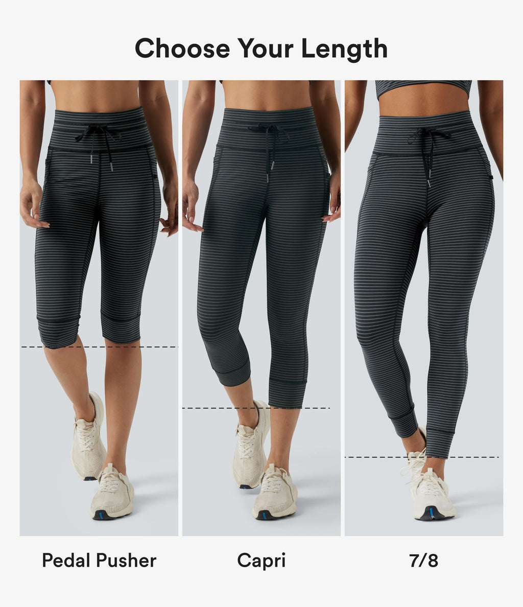 Legging 3/4 de yoga taille haute à rayures avec cordon de serrage et poches