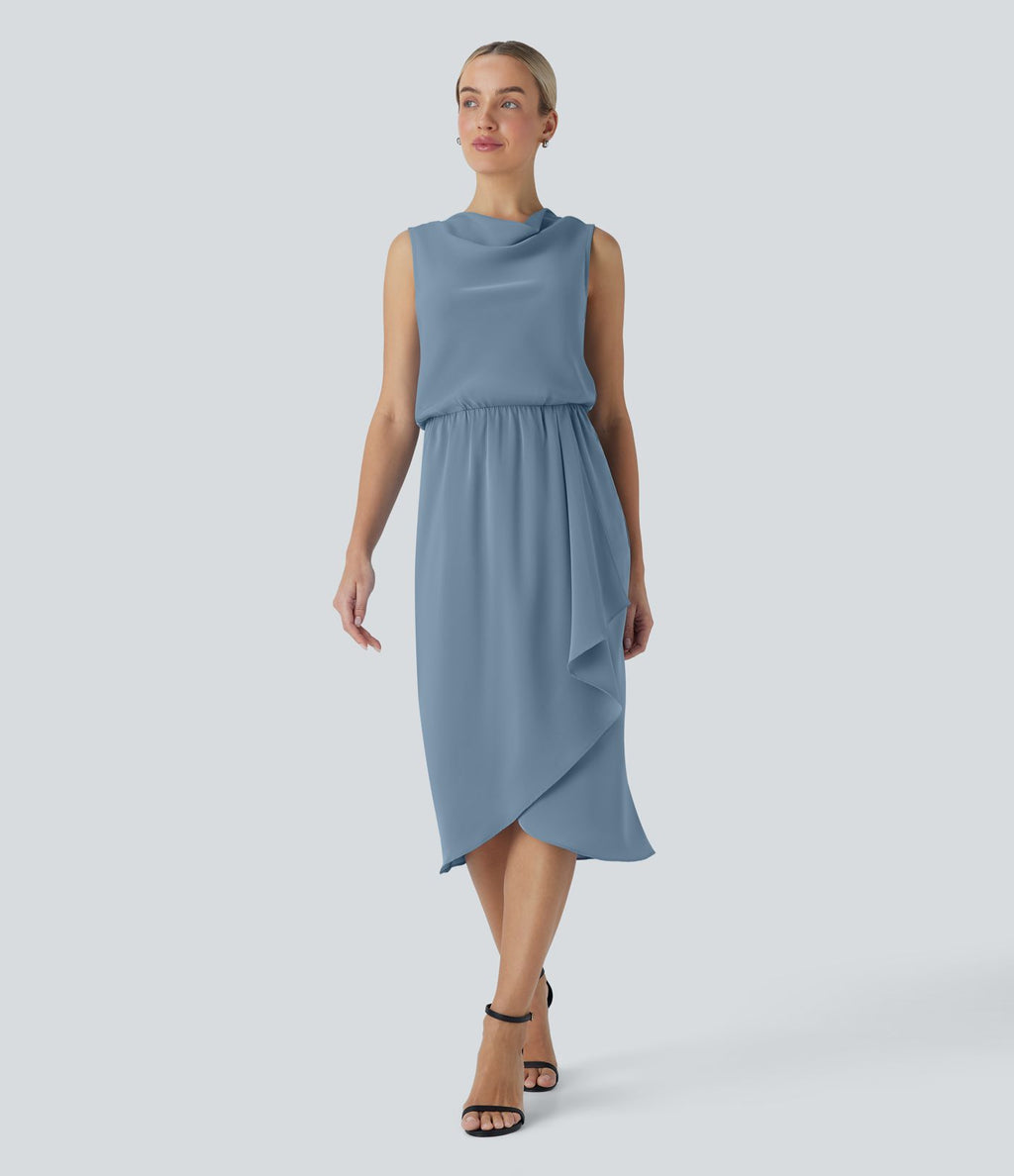 Robe midi de voyage défroissage facile, col bénitier, ourlet croisé et poches