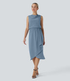 Robe midi de voyage défroissage facile, col bénitier, ourlet croisé et poches