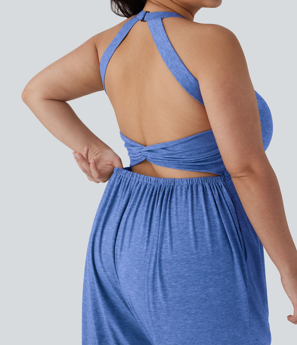 Combinaison sarouel dos nu torsadée grande taille avec poche latérale - Édition facile à enfiler