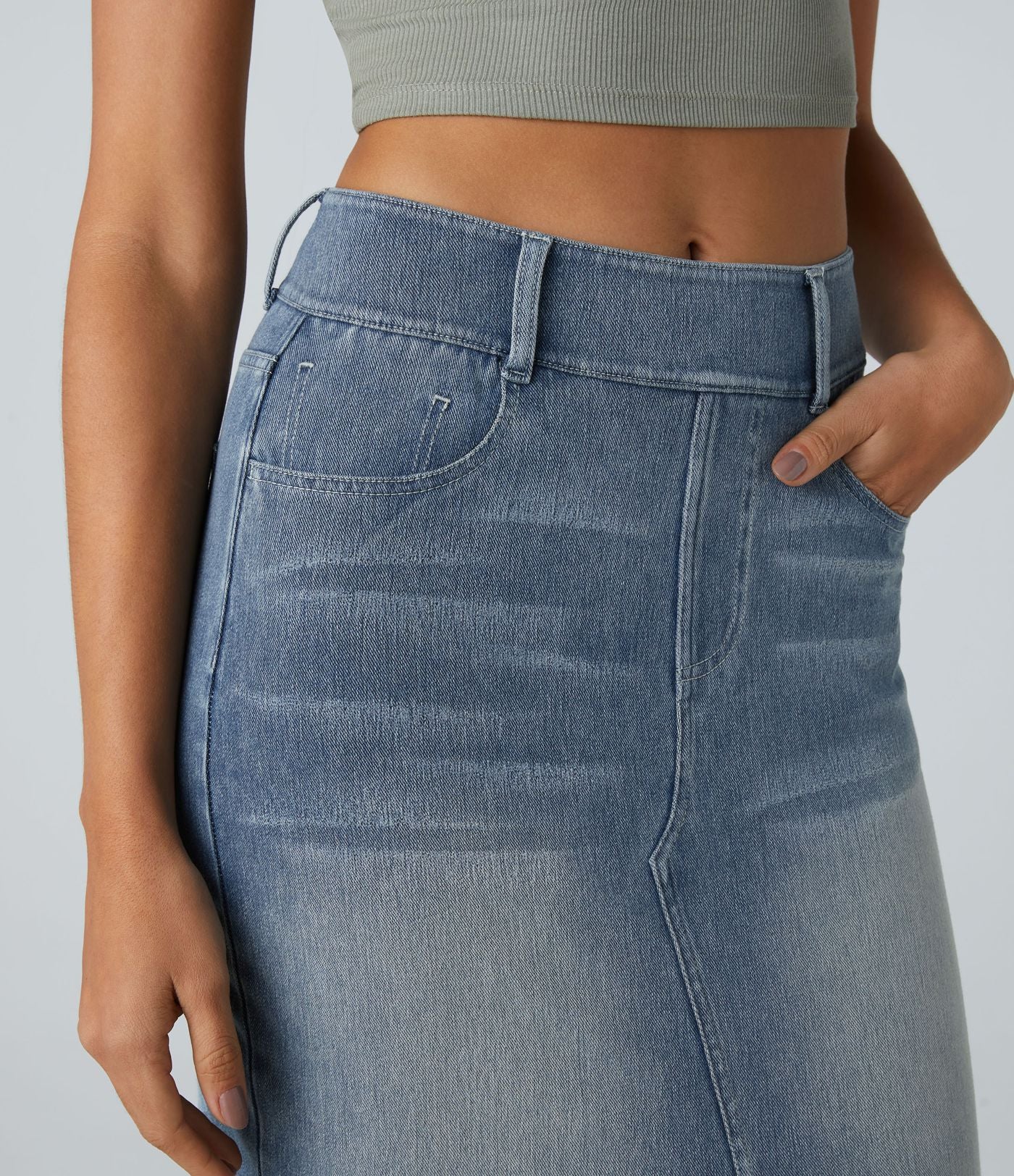 Halara Flex™ Jupe en Jean Casual Mi-Longue Délavé Extensible Plusieurs Poches Taille Haute