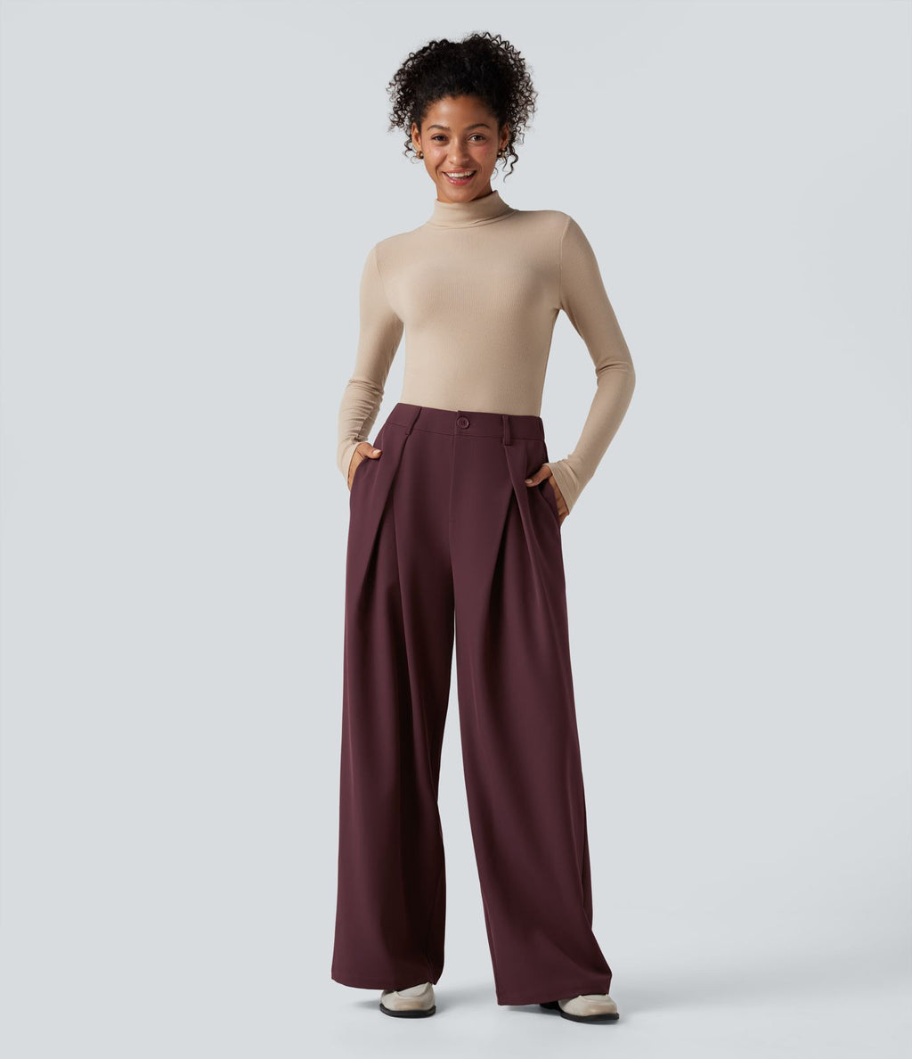 Pantalon tailleur large, taille haute, à poches