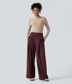 Pantalon tailleur large, taille haute, à poches