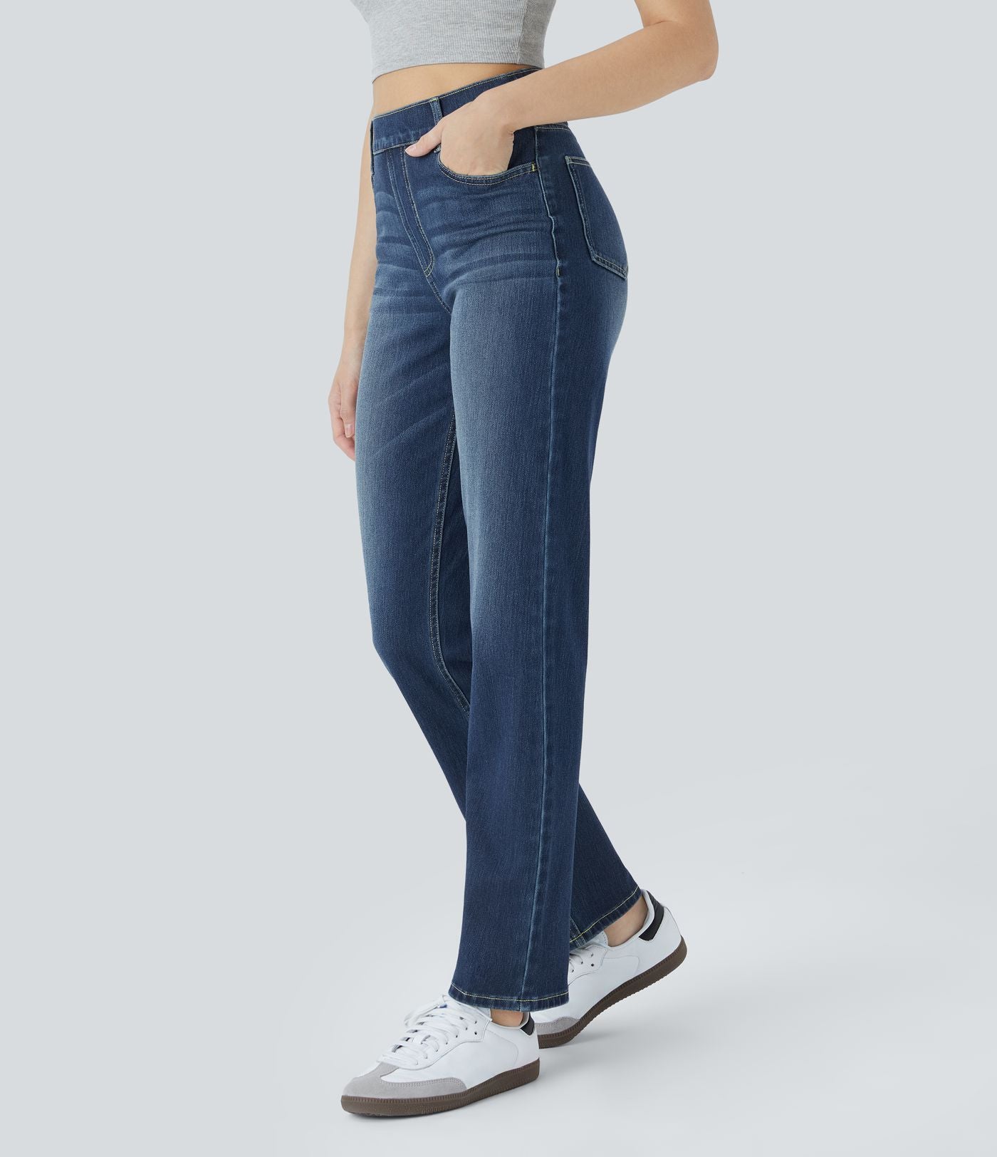 Jean droit Halara Flex™ à taille haute, poches multiples, effet délavé et tissu extensible