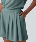 Combishort casual asymétrique manches courtes plissé en nid d'abeille avec poches - Édition Easy Peasy