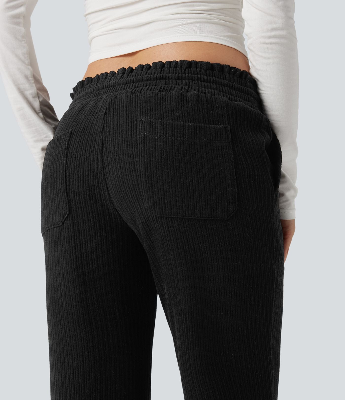 Pantalon décontracté bootcut côtelé, taille basse, cordon et poches