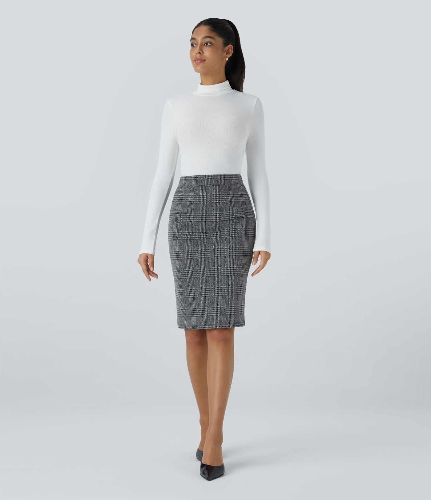 Jupe crayon de travail à taille haute, fente et motif pied-de-poule et carreaux