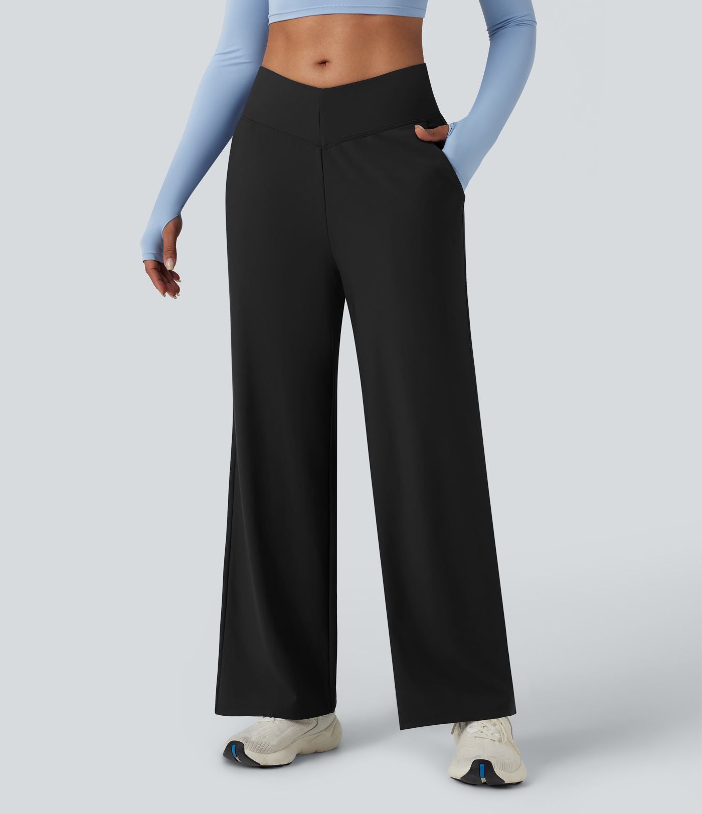 Pantalon de yoga ample thermique en polaire, dos en V, taille haute, avec poches