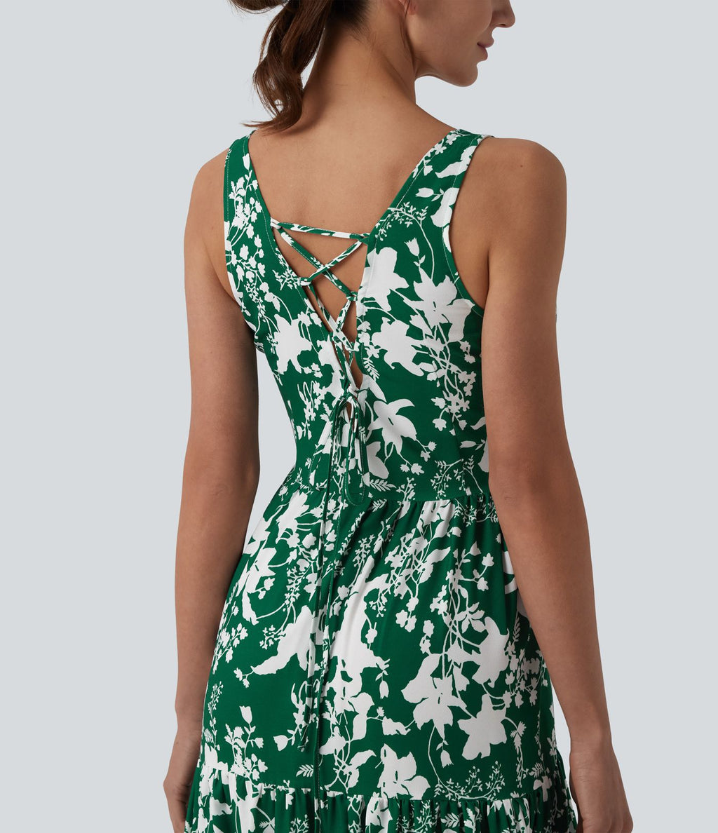 Robe longue resort décolleté cœur sans manches imprimé floral avec laçage