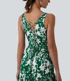 Robe longue resort décolleté cœur sans manches imprimé floral avec laçage
