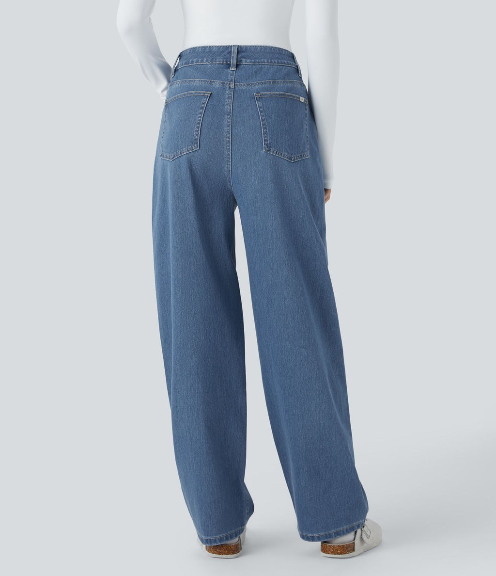 Jean ample délavé taille haute en maille extensible avec poches multiples
