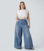 Jean décontracté Halara Flex™ grande taille large taille haute en maille extensible délavée avec poches avant