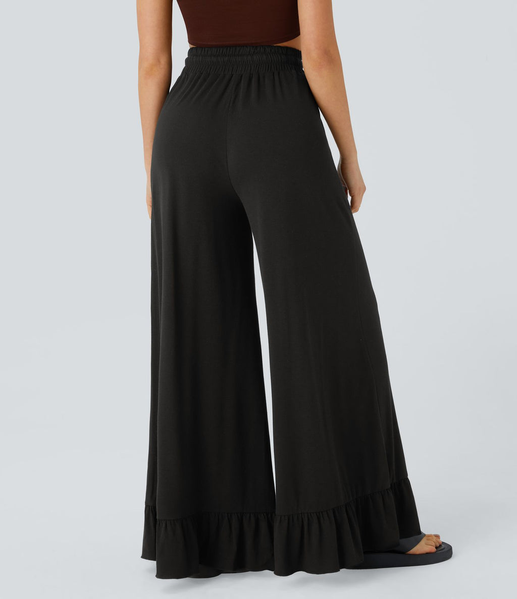 Pantalon Casual à Taille Haute avec Cordon De Serrage Poches Latérales et Volants Jambes Amples