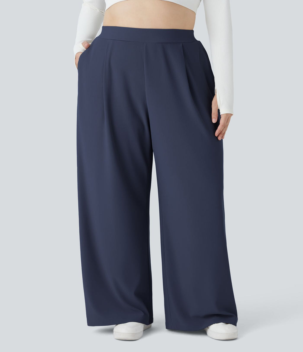 Pantalon de travail grande taille Halara Flex™ à taille haute sculptante et amincissante, poches latérales, jambes larges et tissu micro-gaufré