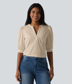 Blouse décontractée col Henley manches bouffantes mi-longues