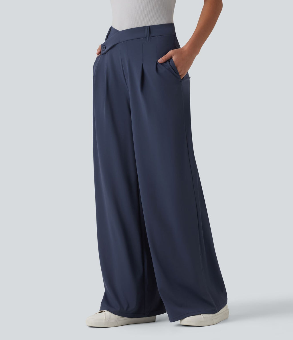 Pantalon tailleur évasé asymétrique taille mi-haute avec poches