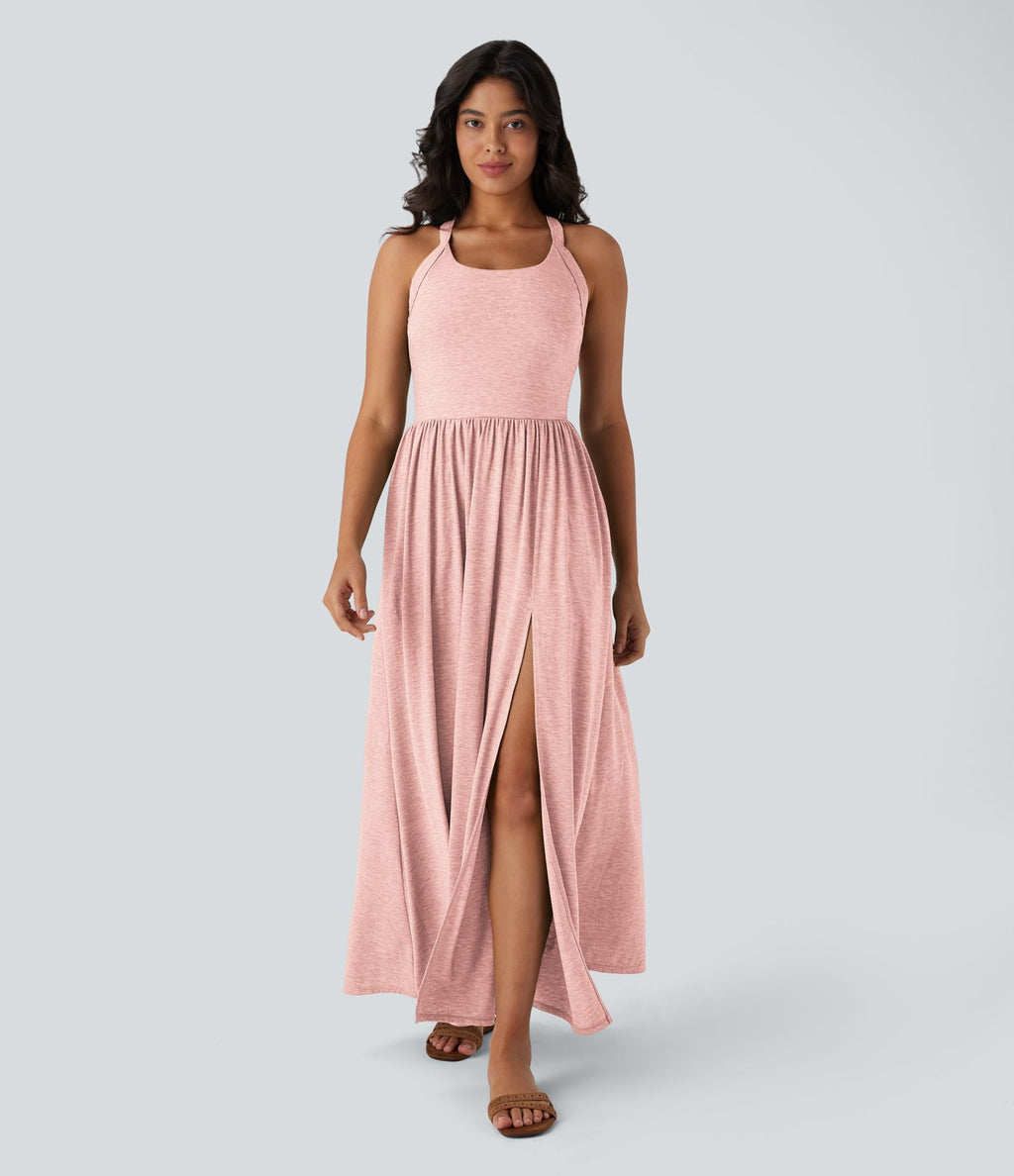 Robe longue fluide fendue avec poches latérales, dos nu et effet torsadé