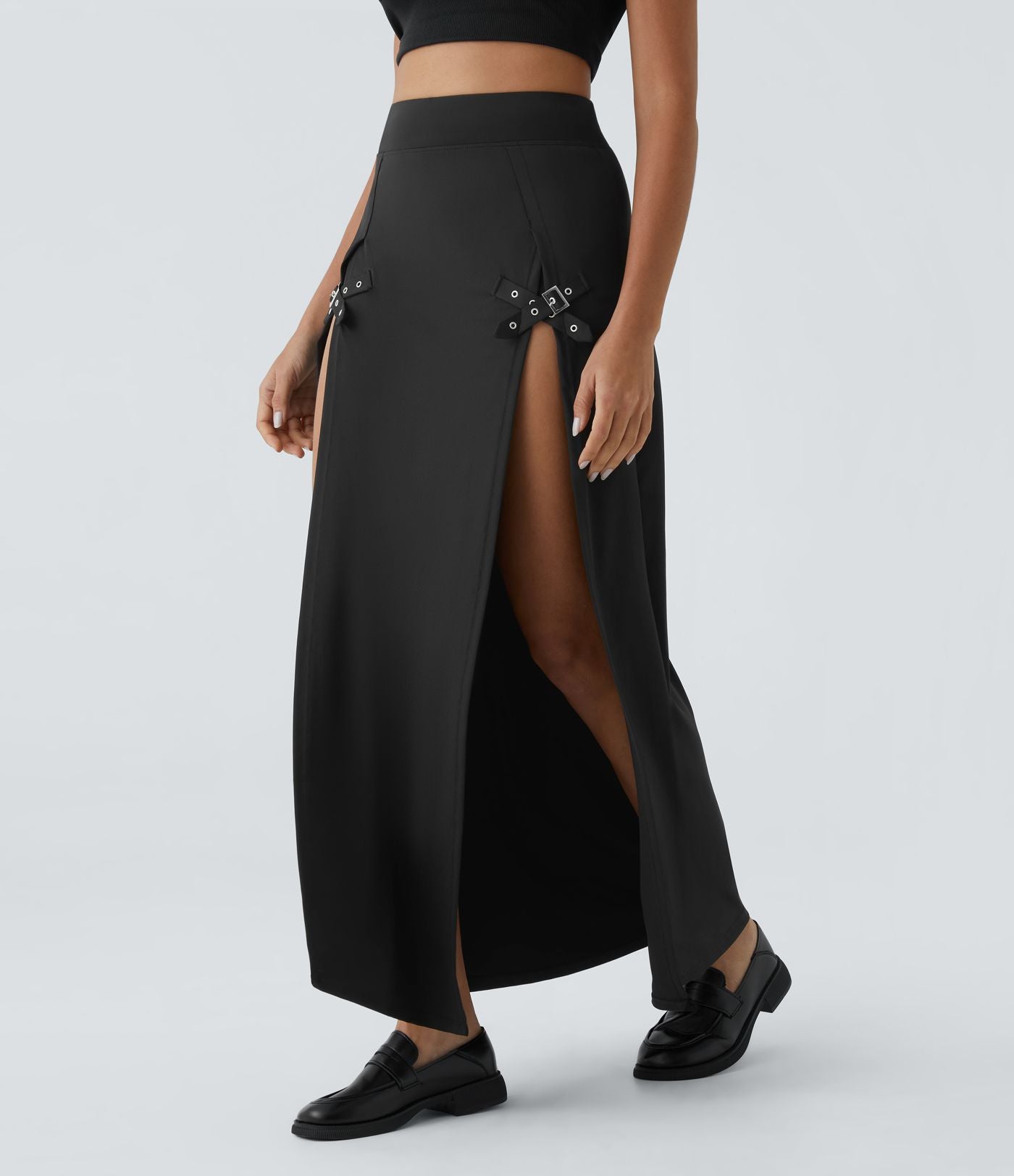 Jupe Casual Maxi 2 en 1 Taille Haute Boucle Décorative Fente
