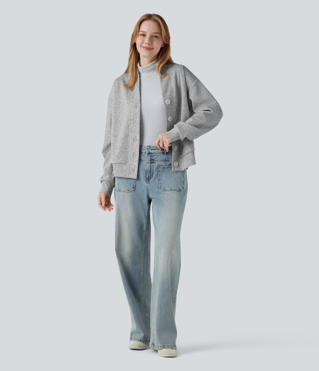 Sweat-shirt col V à manches longues avec boutonnage et poches
