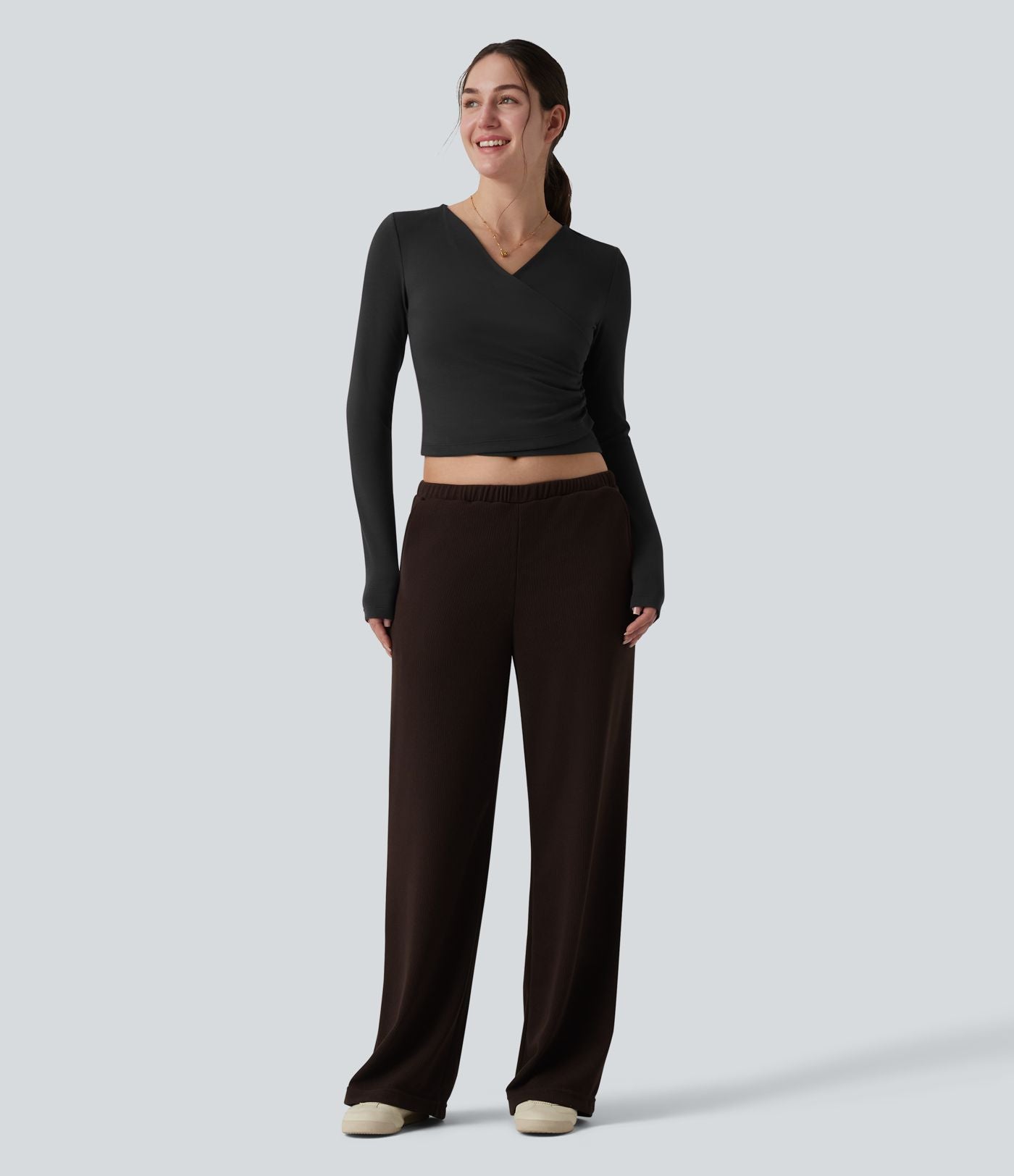 Top réchauffant casual Halara HeatCore col V manches longues croisé avec fronces