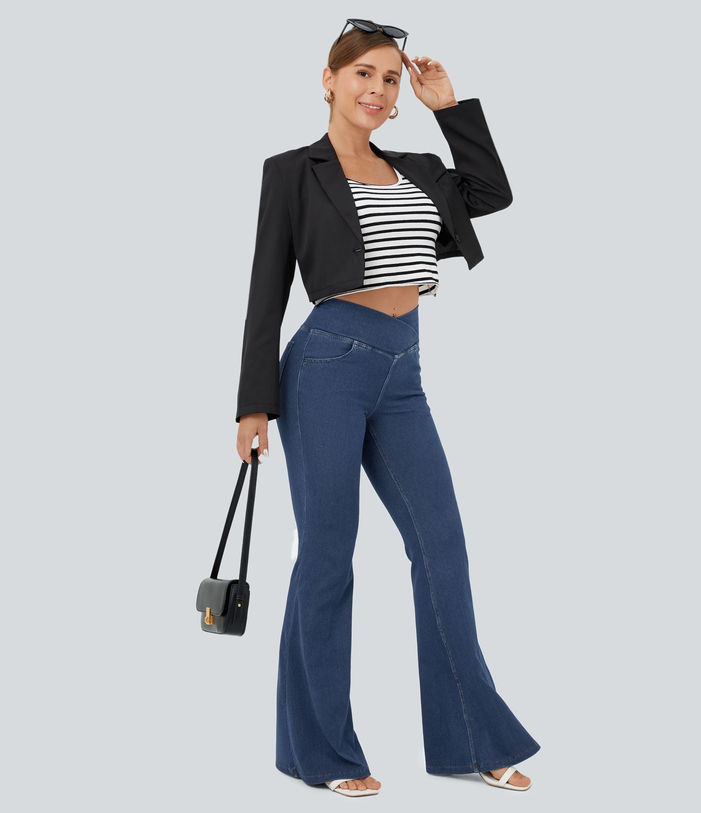 Jean super évasé Halara Flex™ décontracté maille denim extensible délavée effet frais InstantCool taille haute poches croisées