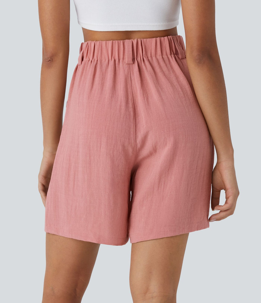 Bermuda Large Fluide Taille Haute avec Plis et Poches Latérales en Lin Synthétique