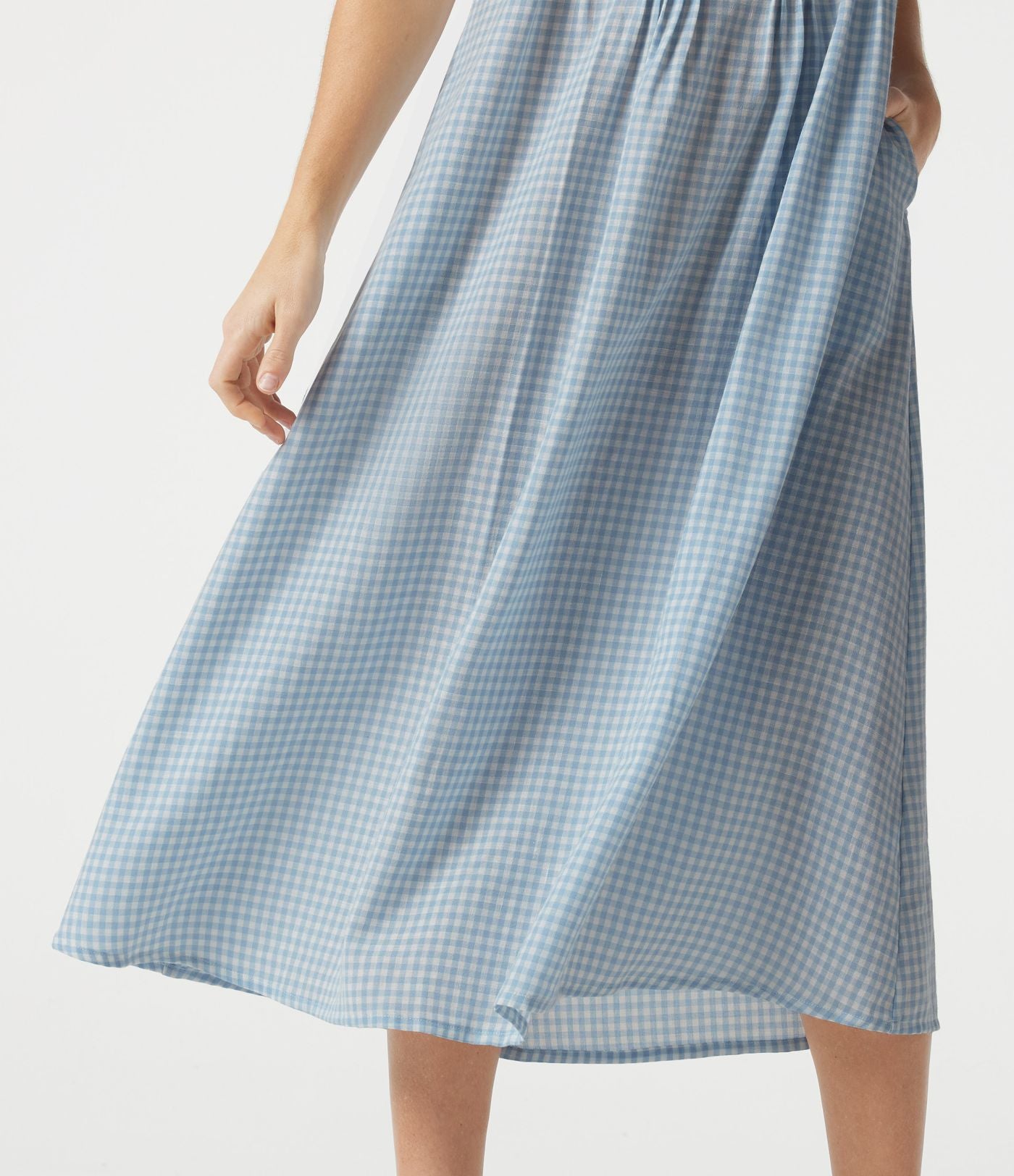 Robe casual midi à carreaux toucher lin col rond sans manches à poches