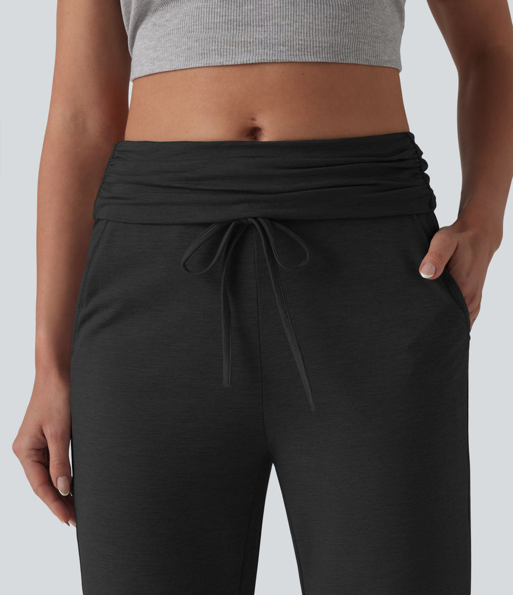 Pantalon casual évasé chiné taille mi-haute à ceinture rabattable, fronces et cordon de serrage avec poches