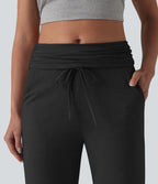 Pantalon casual évasé chiné taille mi-haute à ceinture rabattable, fronces et cordon de serrage avec poches