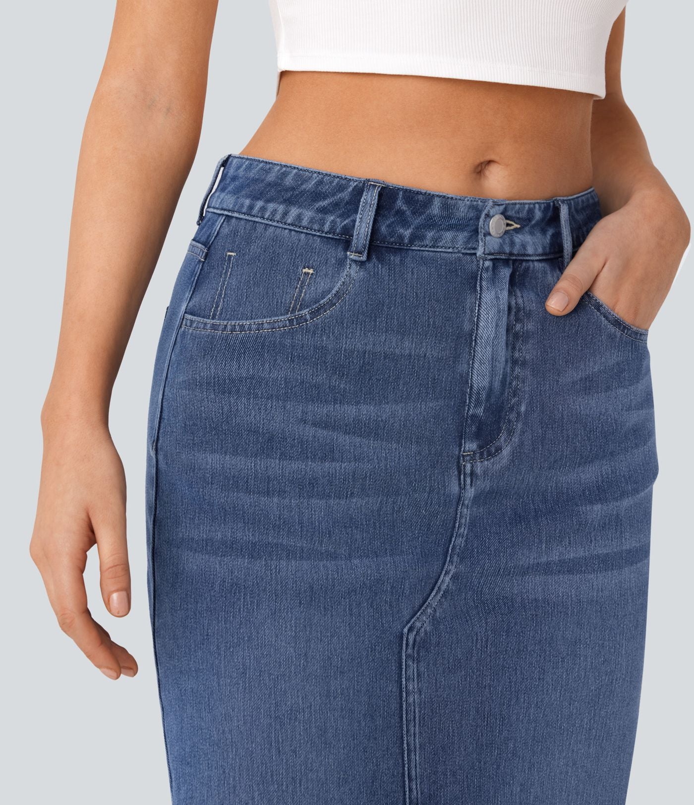 Halara Flex™ Jupe en Jean longue décontractée extensible délavé taille moyenne avec fente et multiples poches