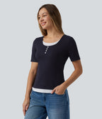T-shirt casual color block col rond et manches courtes