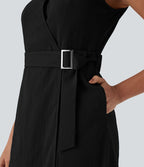 Robe de voyage mi-longue à col V, sans manches, portefeuille, ceinture et poches latérales