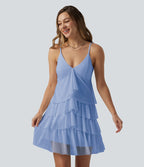 Robe nuisette courte décontractée à volants, dos nu croisé, empiècement en résille, brassière intégrée et poches
