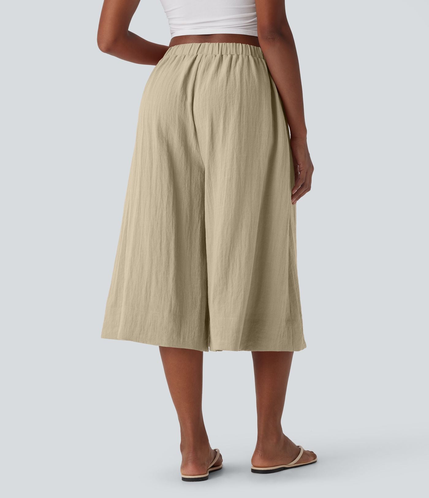 Pantalon fluide large taille mi-haute effet lin avec poche