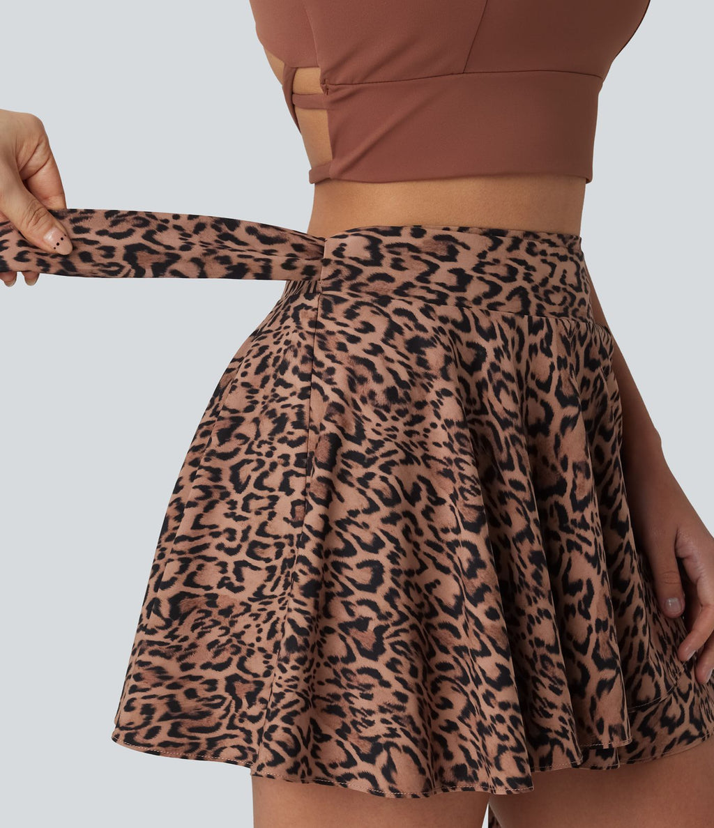 Jupe tennis mini fluide 2-en-1 taille haute imprimé léopard avec liens latéraux et poche