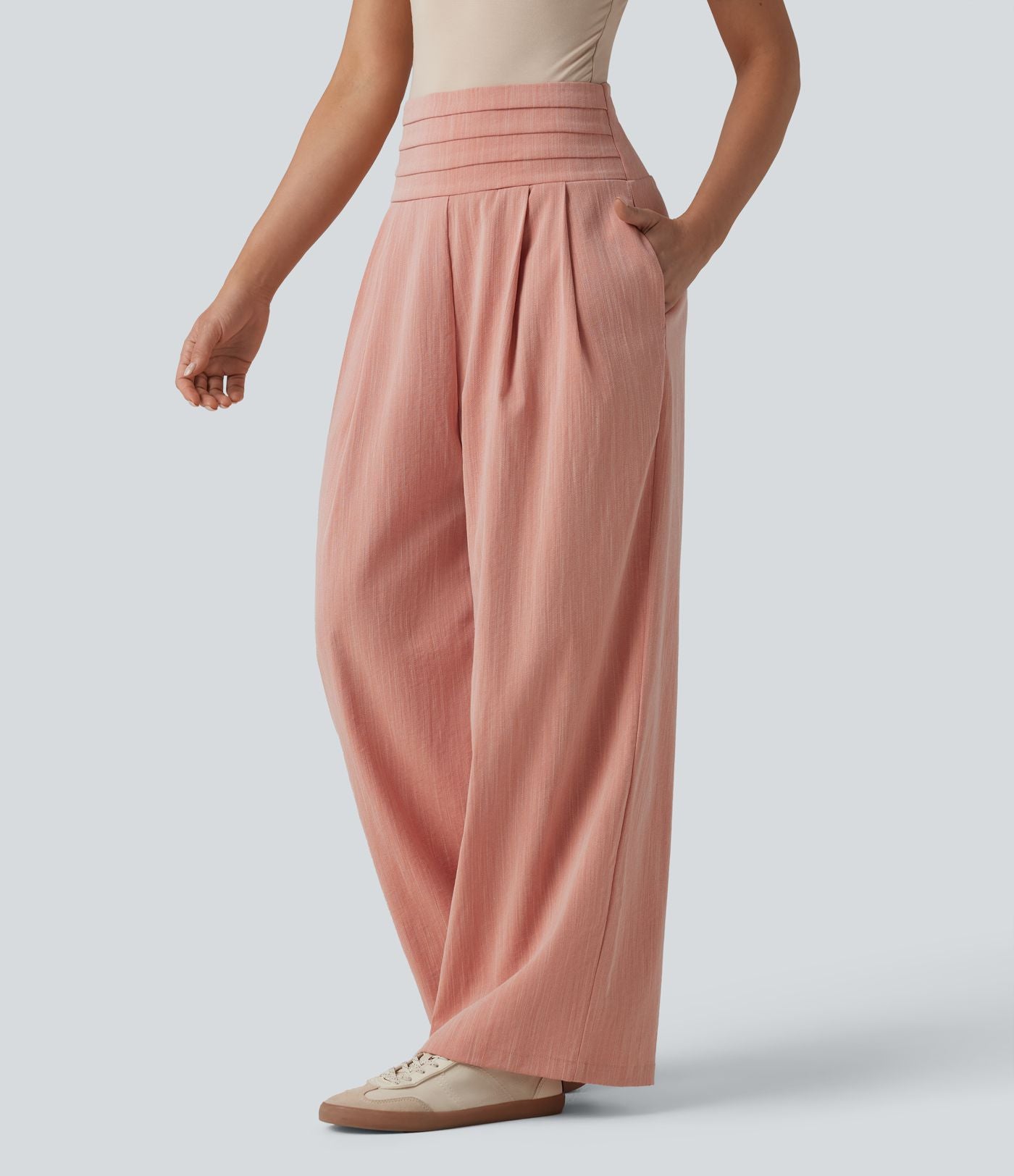 Pantalon large casual aspect lin taille très haute smocké réglable avec poches