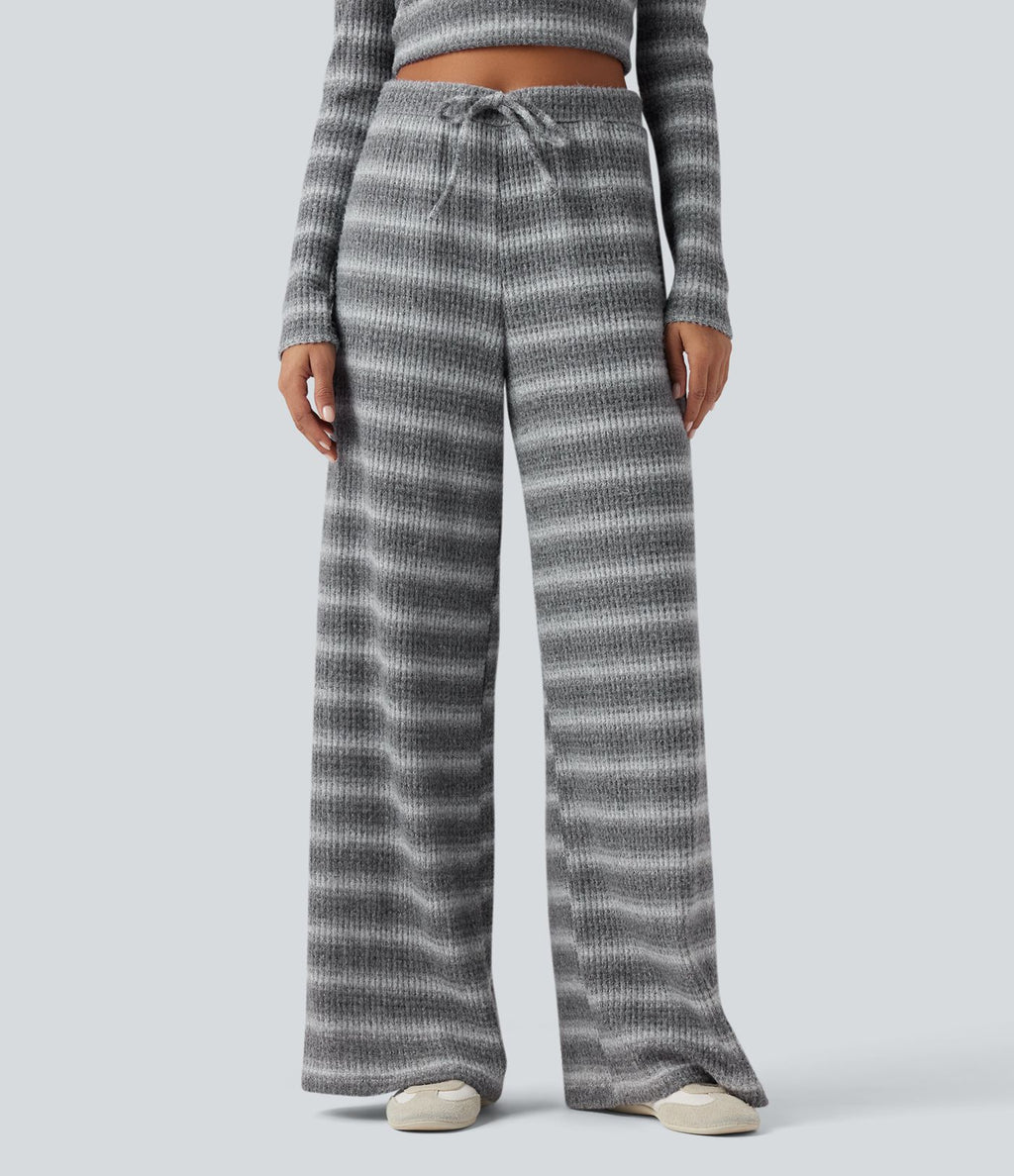 Pantalon large gaufré taille mi-haute avec cordon de serrage, rayures dégradées et poches