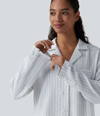 Chemise décontractée rayée col cranté manches longues aspect lin avec poche
