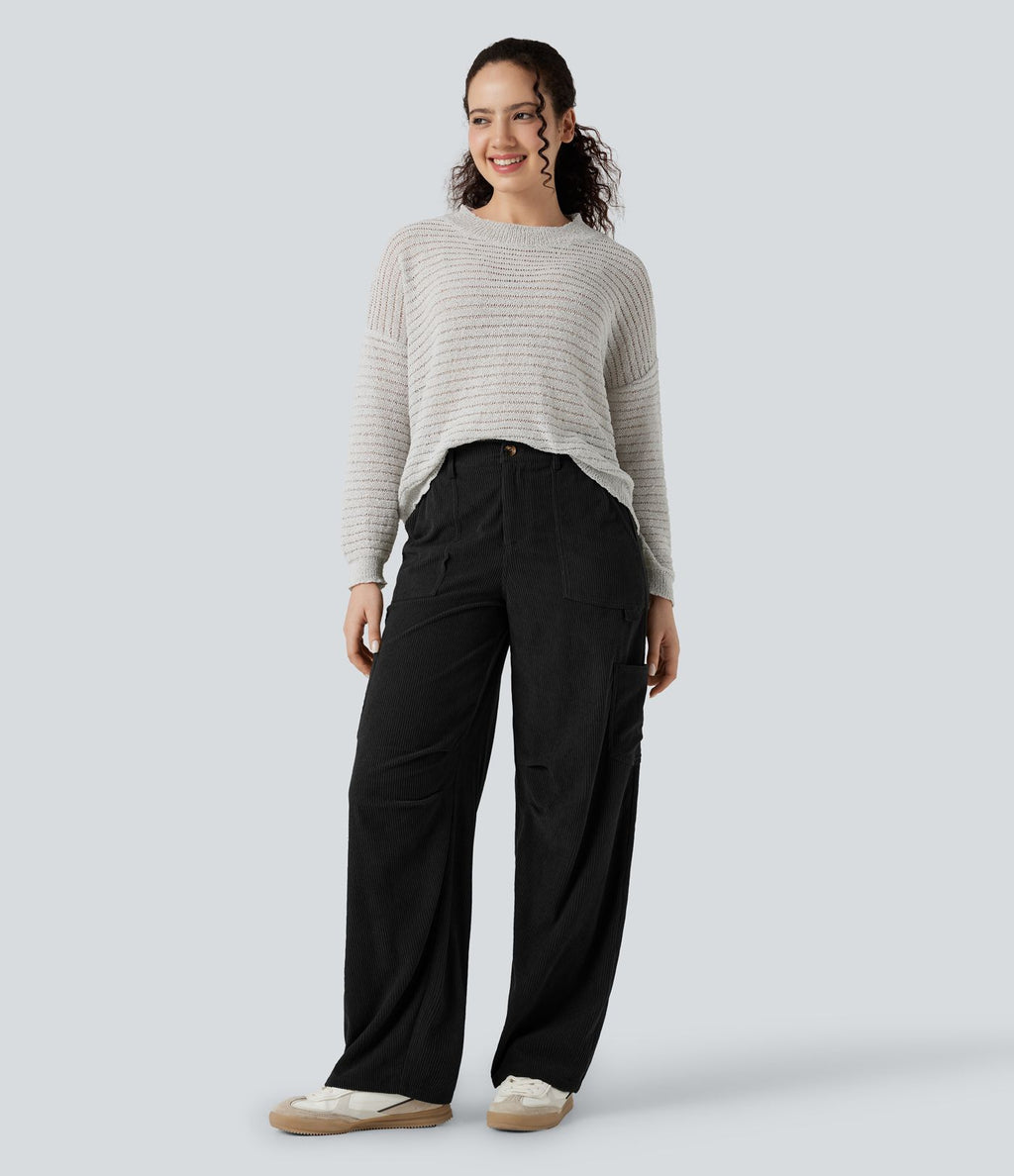Pantalon décontracté droit en velours côtelé, taille haute, avec poches
