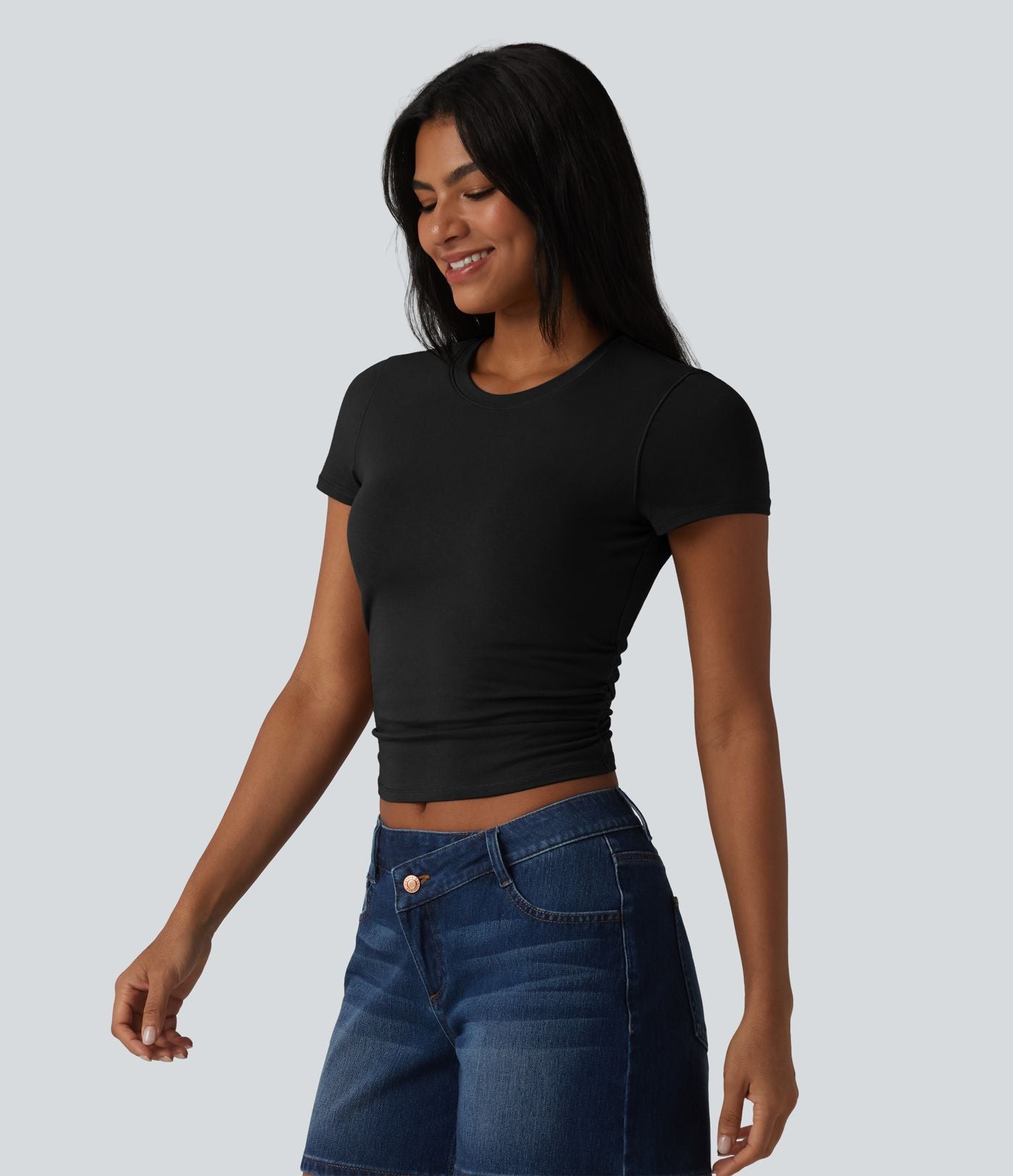 T-shirt casual Halara en jersey de coton col rond à manches courtes froncé avec brassière intégrée